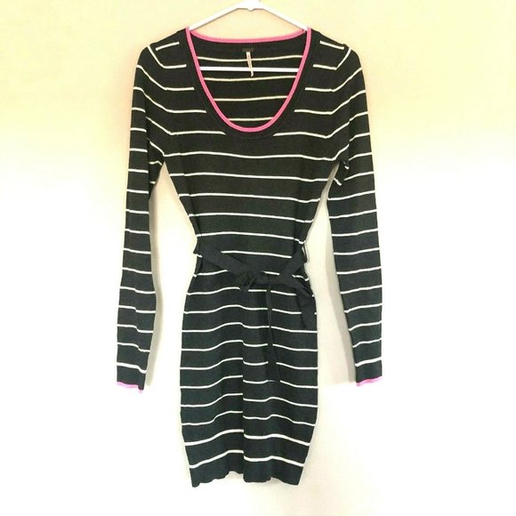 Charcoal Gray Pink Trim Striped Belted Dress M - Picture 1 of 2